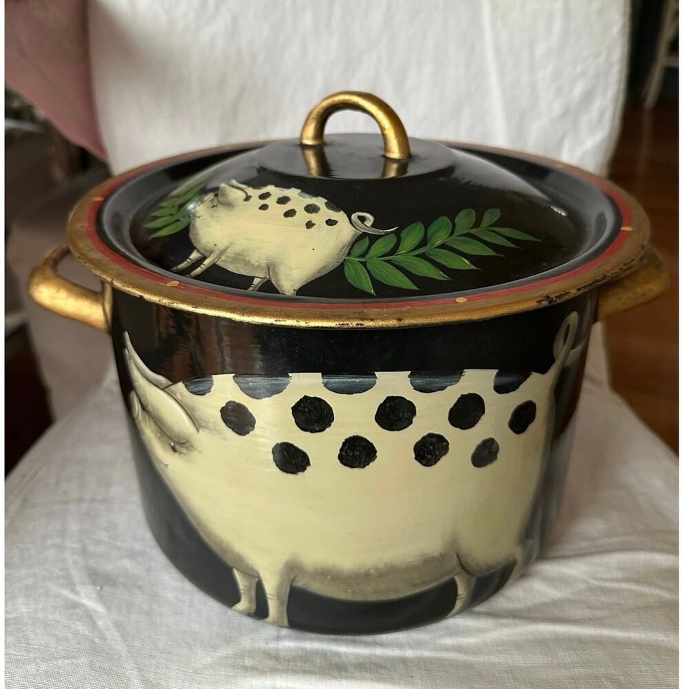 Emma Hunk Hand Painted Enamel Pot PIGS, 2000 vintage black Gold Handles 6.5x10”